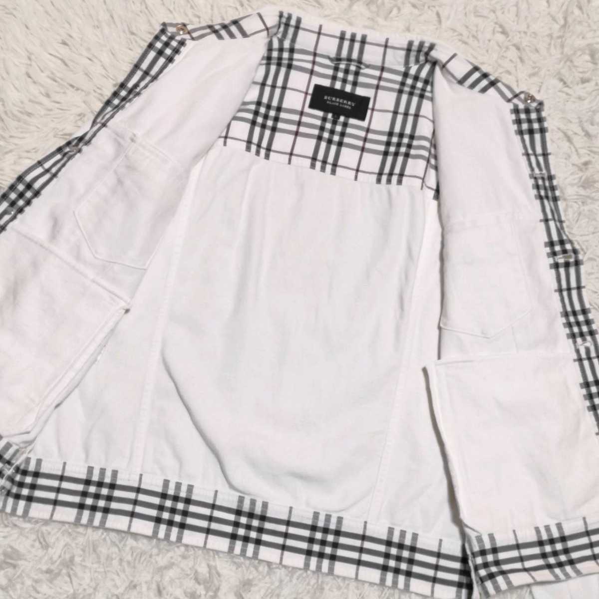 希少L 未使用級 BURBERRY BLACK LABEL バーバリーブラックレーベル デニムジャケット Gジャン ホワイト ノバチェック 裏地 春 銀ボタン 純正クオリティ バーバリーブラックレーベル Gジャン ノバチェック ホワイト デニムジャケット Gジャン/デニムジャケット