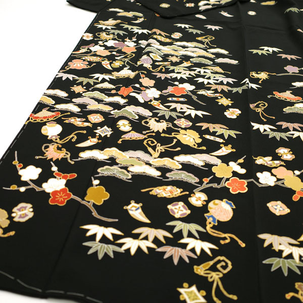 訪問着 十日町友禅 金駒刺繍 金彩加工 縮緬 黒地 宝尽くし 松竹梅 手