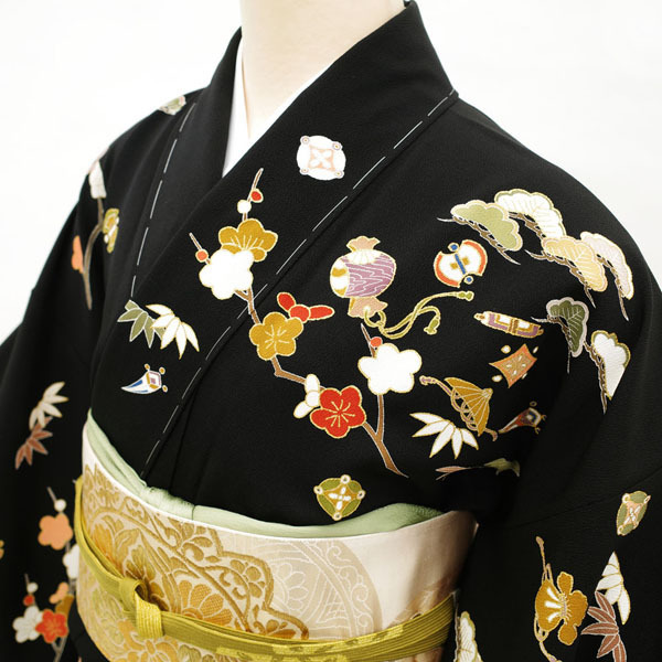 訪問着 十日町友禅 金駒刺繍 金彩加工 縮緬 黒地 宝尽くし 松竹梅 手