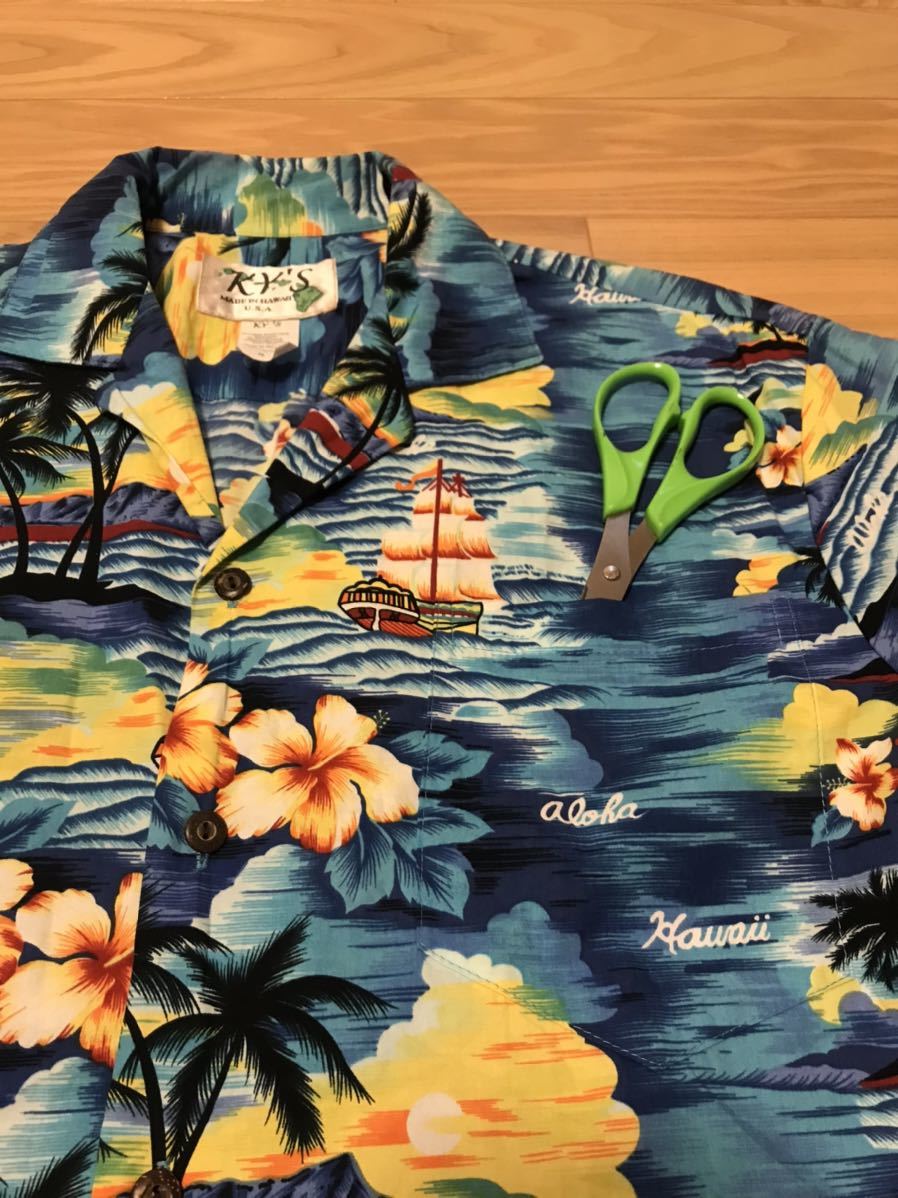 美品☆HAWAII.USA製／KY'S サイズS大き目・日本L-XL?　半袖アロハシャツ 花&ヤシの木,オーシャン リゾート総柄 青ブルー系 ハワイアンALOHA_画像3