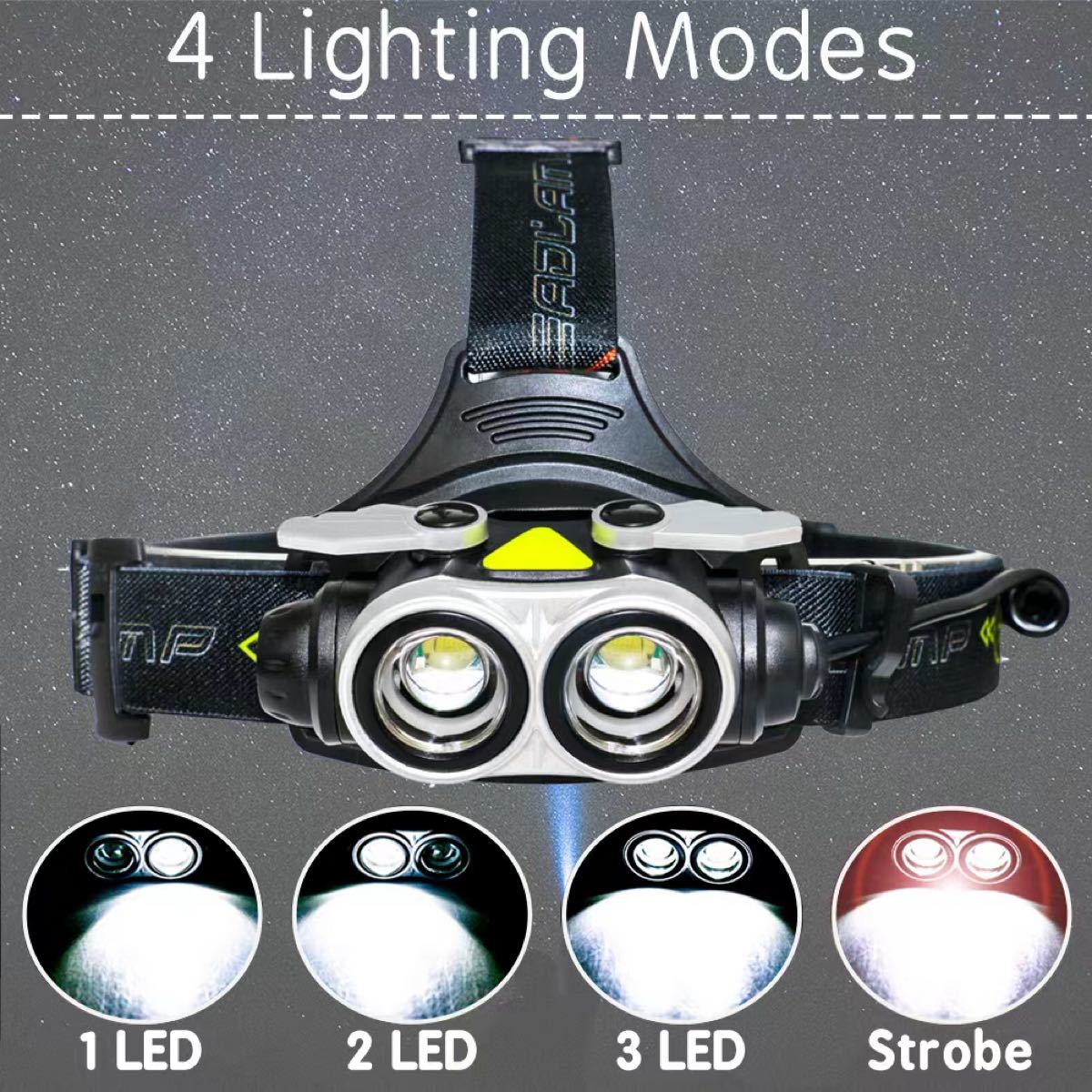 LED ヘッドライト 超軽量 小型 四つ点灯モード 防水 ズーム機能 角度調整 800ルーメン 最大距離200m 夜釣り 