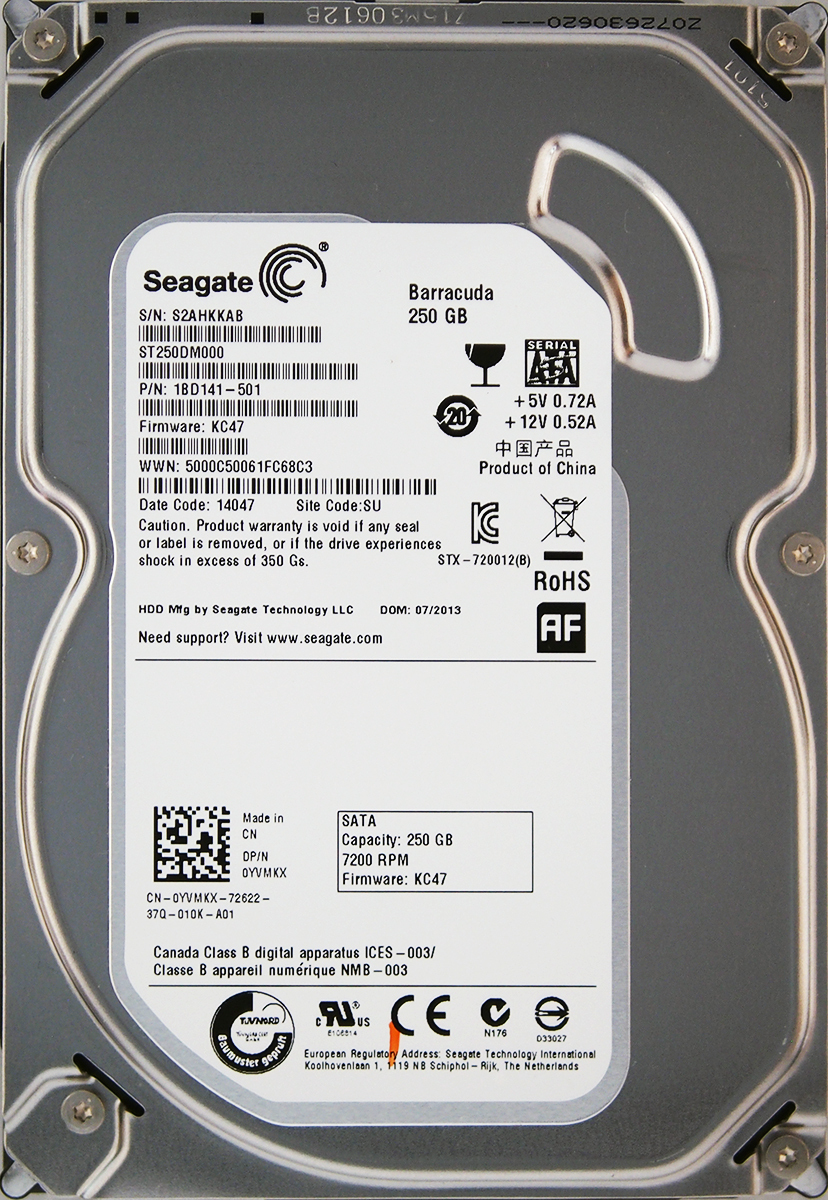 Seagate ST250DM000-1BD141-501 KC47 DP/N 0YVMKX 3.5インチ SATA600 250GB 1040回 13446時間 ジャンク_画像1