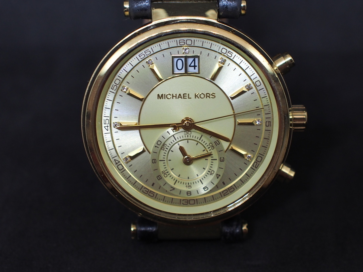 中古 電池交換済 マイケルコース MICHAEL KORS クロノ ビッグデイト GMT ゴールドメッキ クオーツ メンズ 型式: MK-2433 管理No.16879の画像1