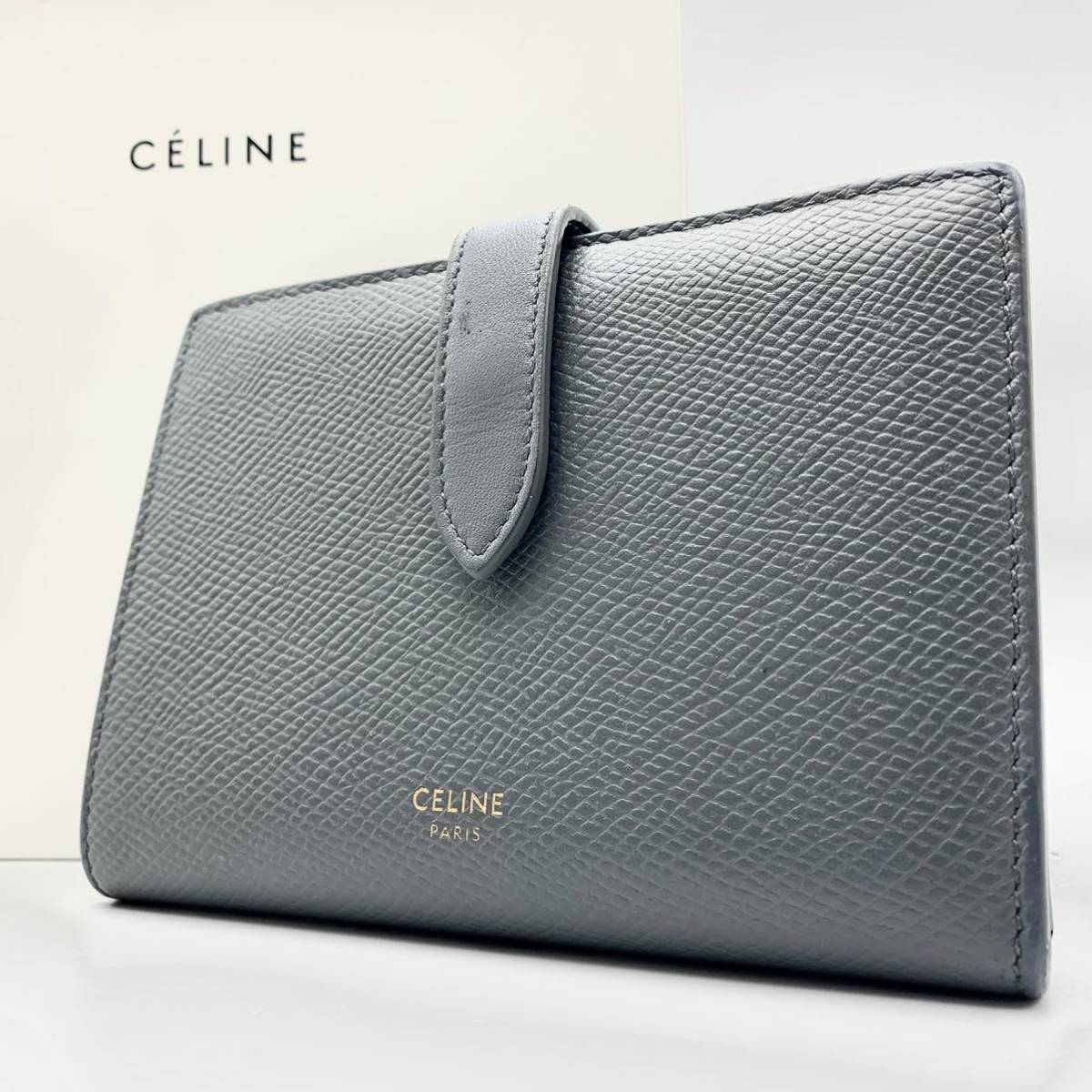 1円 【未使用級】 CELINE セリーヌ 折財布 ミディアム ストラップ ウォレット グレインドカーフスキン 二つ折り グレー