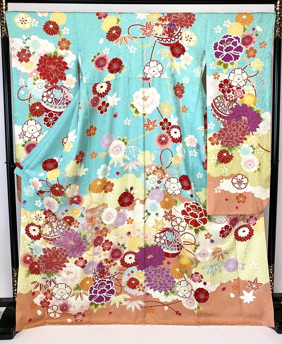 美おり】振袖 正絹 水色系 レトロモダン 牡丹 刺繍-