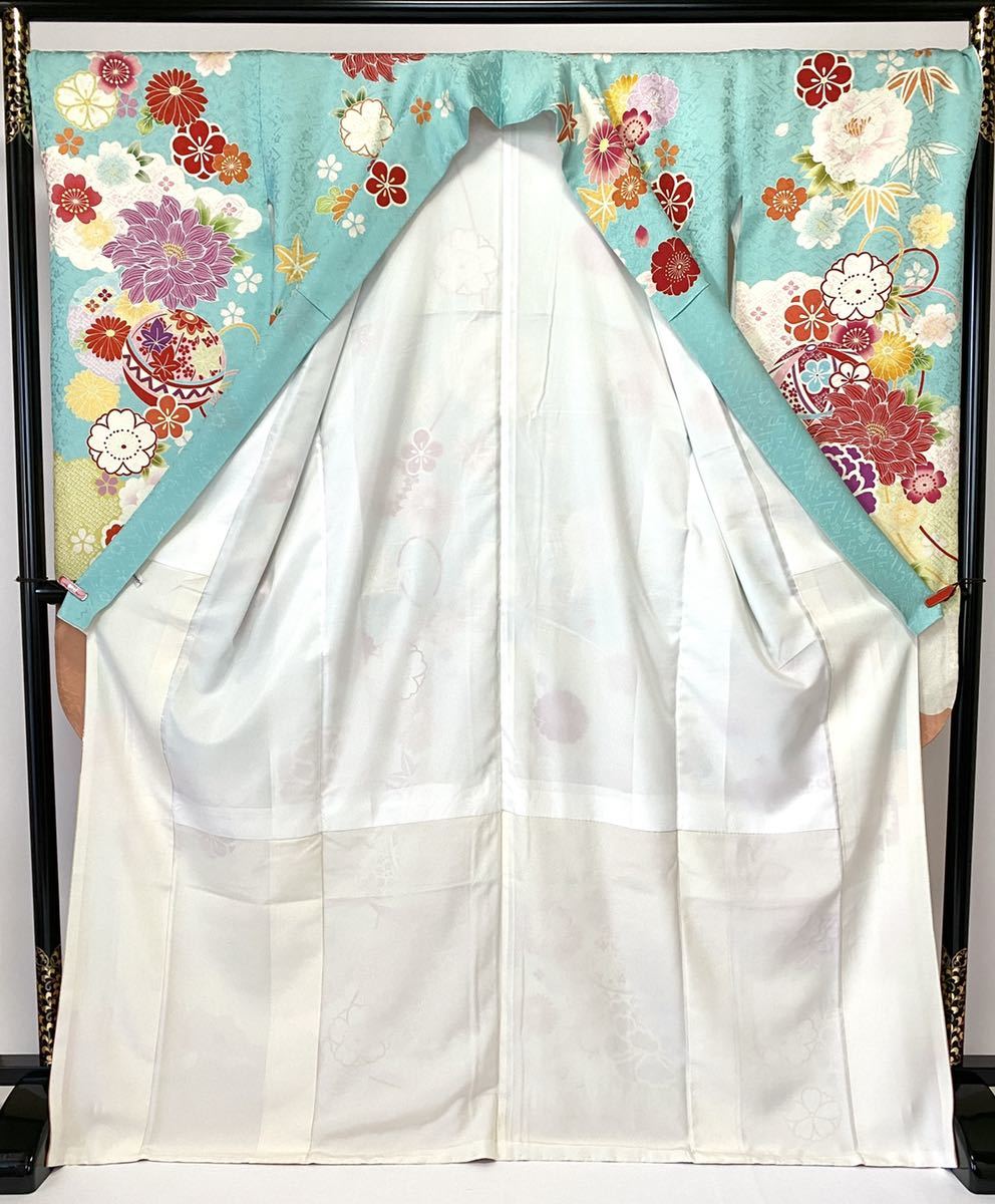 美おり】振袖 正絹 水色系 レトロモダン 牡丹 刺繍-