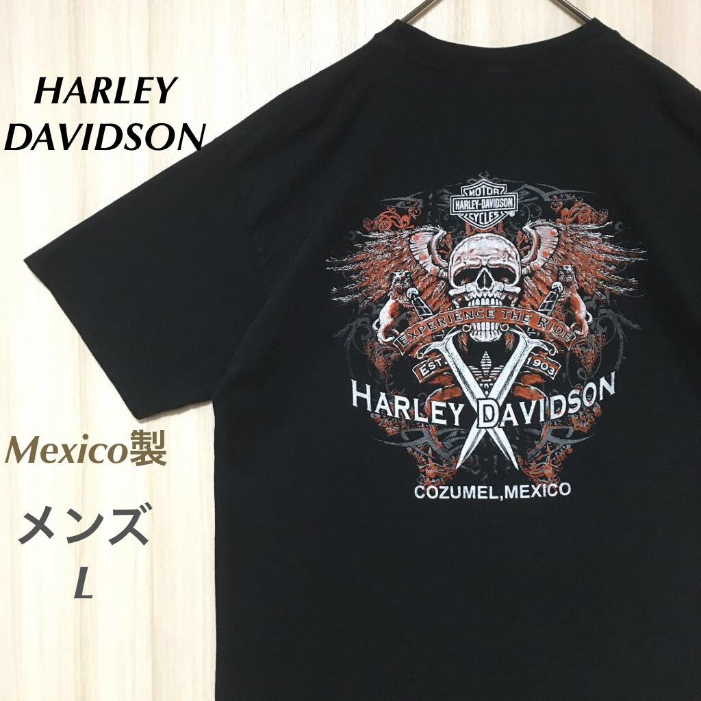 正規品販売! ハーレーダビッドソン　メキシコ製　Tシャツ　プリントロゴ　スカル　ソード　黒　L イラスト、キャラクター