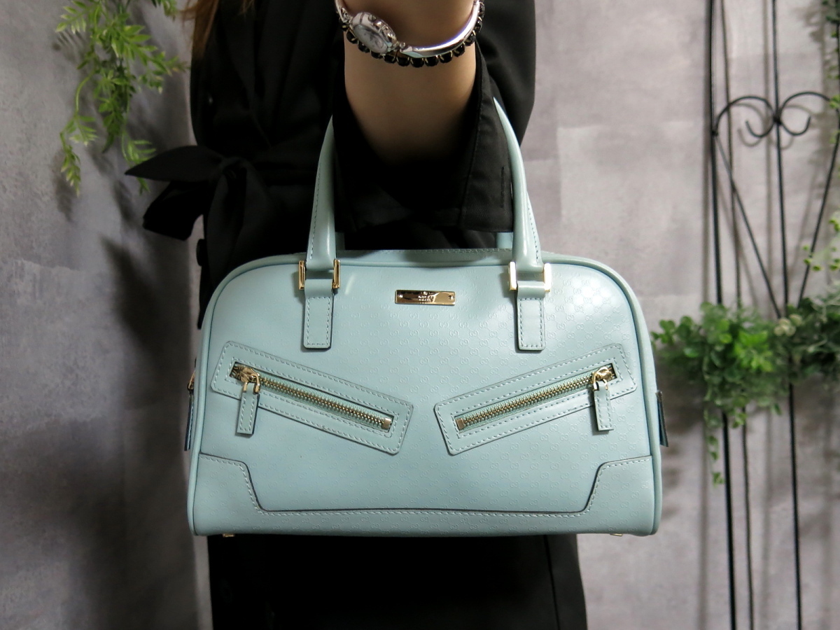 ★決算特価商品★バッグ超美品 新品同様 GUCCI グッチ マイクロ GG カーフ レザー 本革 ミニ ハンド バッグ ブルー系 イタリア製 腕掛け かばん Js257