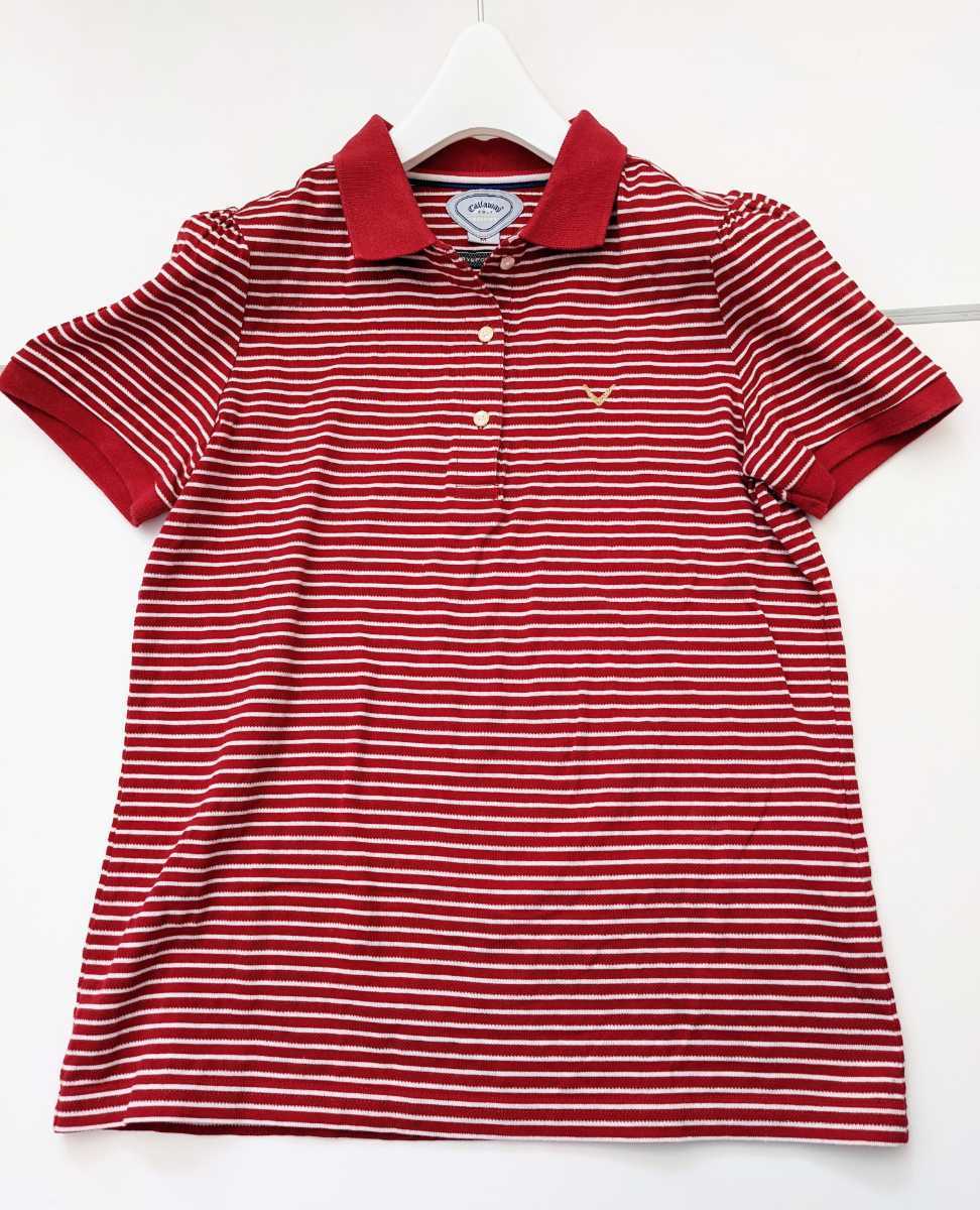 Callaway レディースM キャロウェイゴルフ ブランドロゴ刺繍 半袖 ポロシャツ 赤白ボーダー 正規品 送料無料