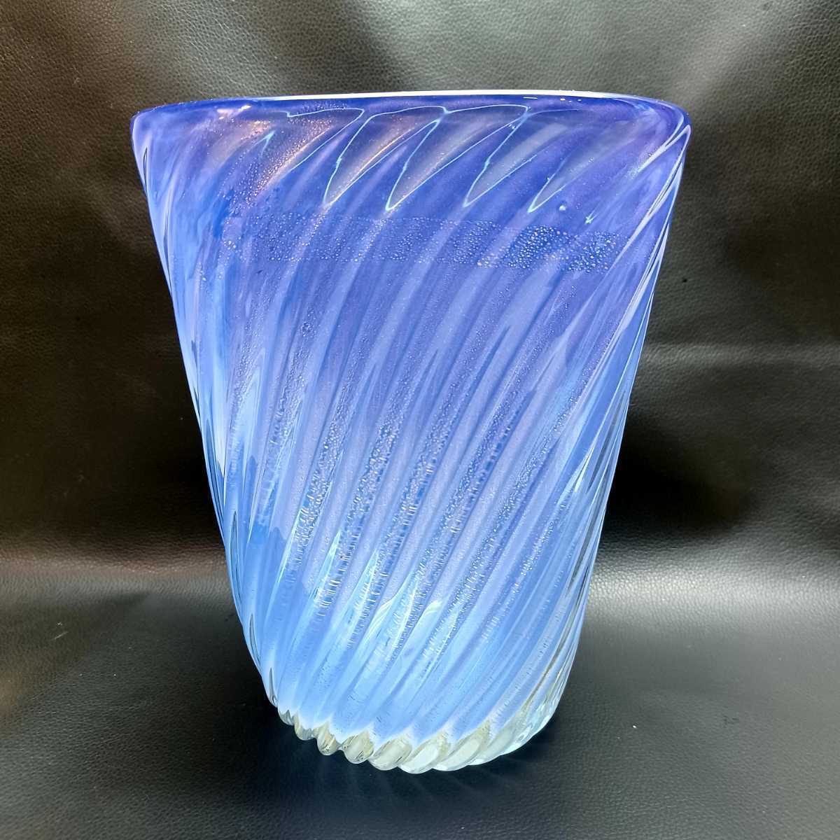MURANOITALYムラノ 金彩 四角形 ブルー 花瓶ヴェネチアン ガラス