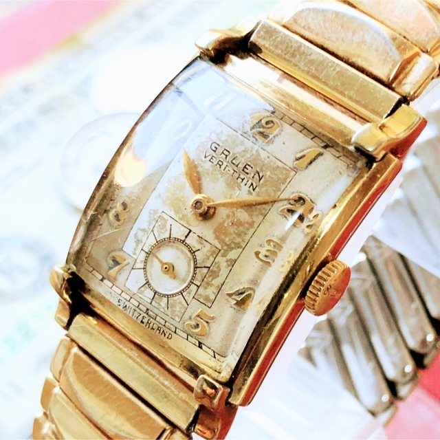 人気ブランドの新作 17石 ヴィンテージ アンティーク GRUEN 手巻き 機械式 動作品 グリュエン 腕時計 #2063【シックでお洒落】メンズ べリシン VERY-THIN 金張 アナログ（手巻き）