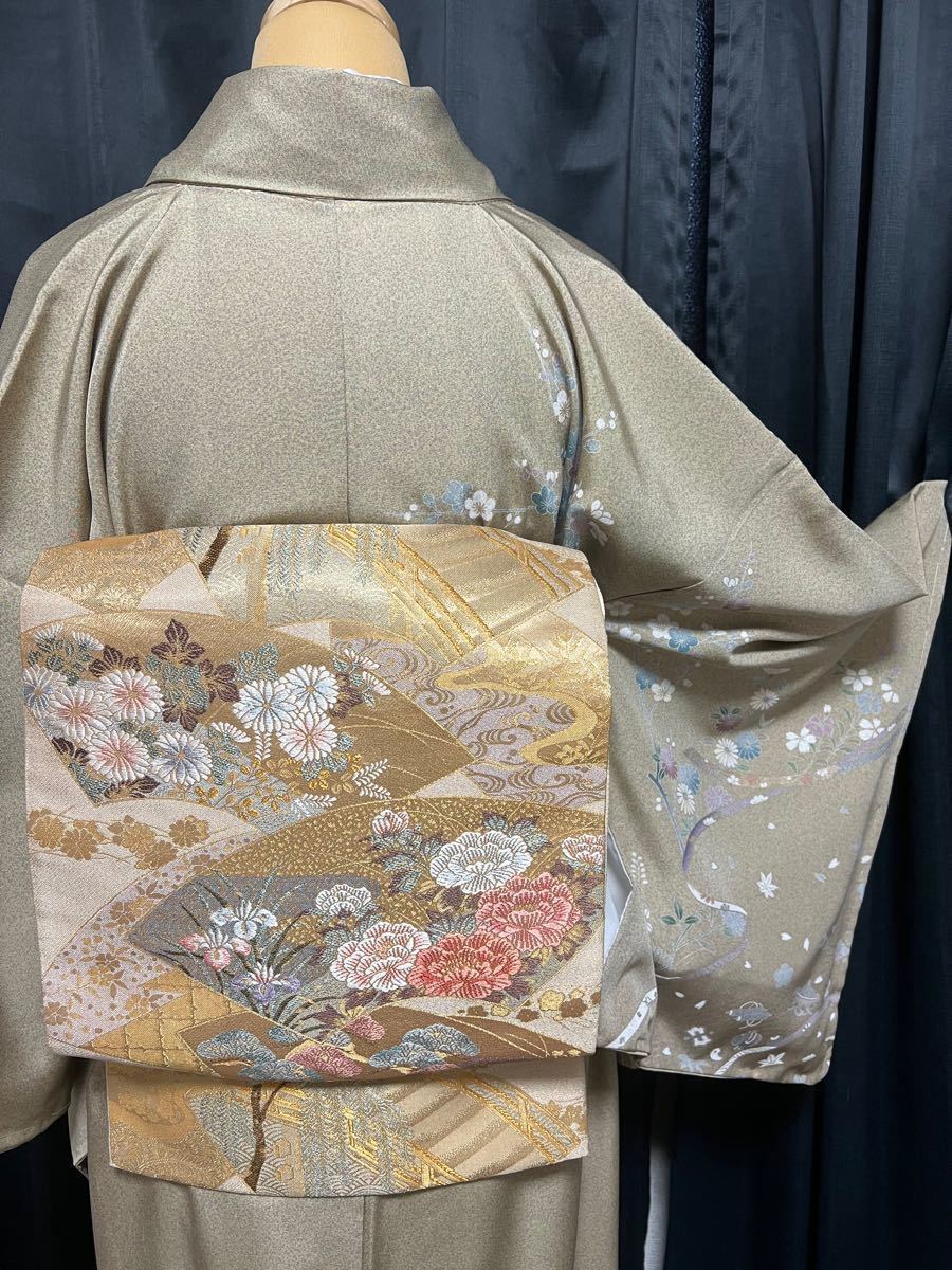 和】11728c 着物 訪問着 暈し 作家物 落款入り 流水にすだれ松葉