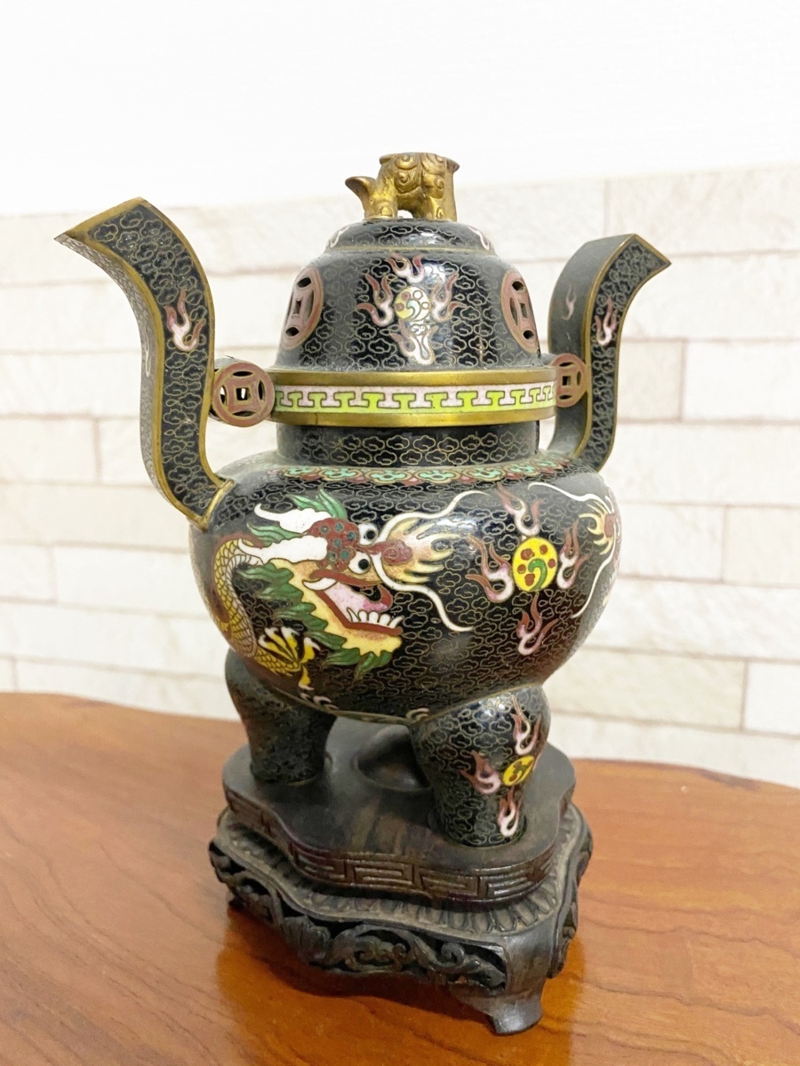 豆緑】古美術時代物/中国古玩 極密細工本七宝双龍透彫細工双耳獅子顔三