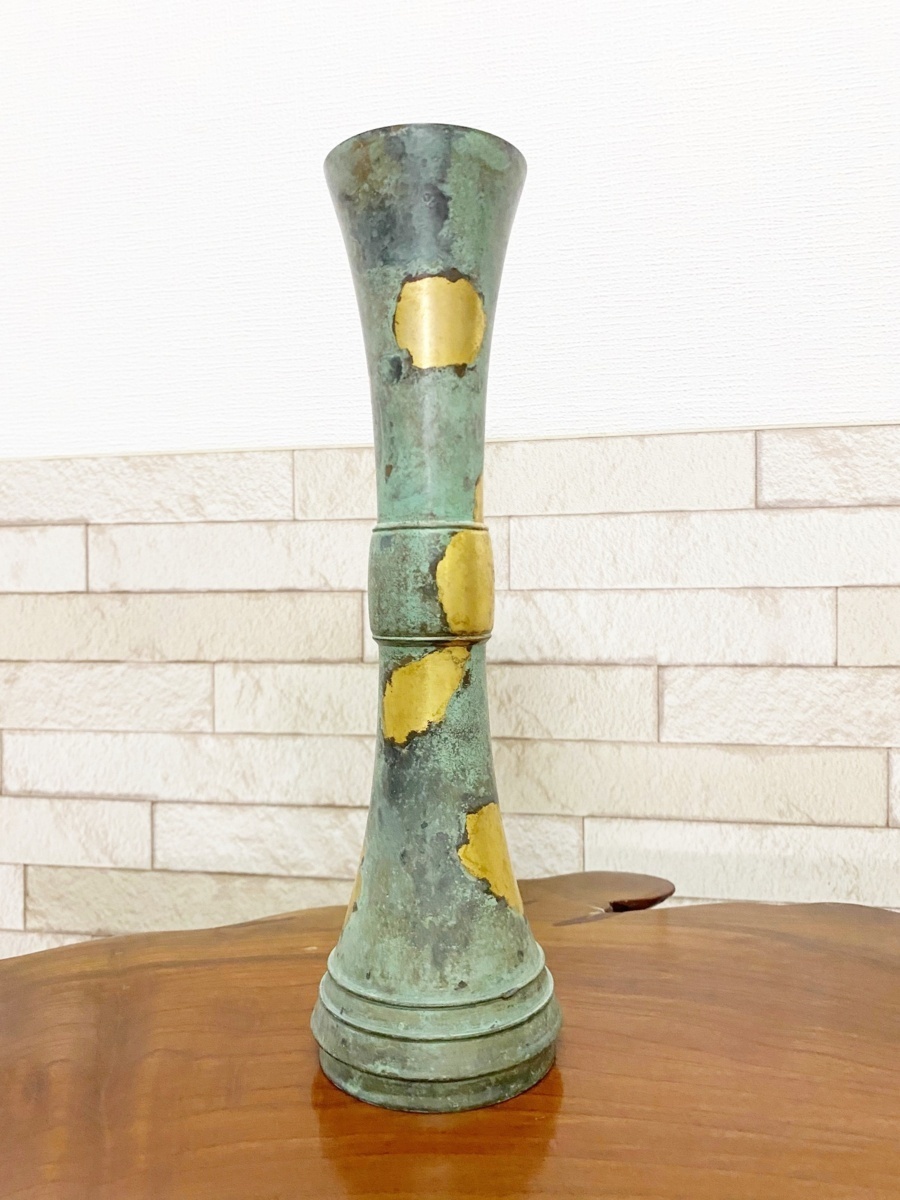 [ legume green ] old fine art era thing / four .. warehouse six /. hand drum type paint gold copper flower vase also box / height 30cm/ large size .065