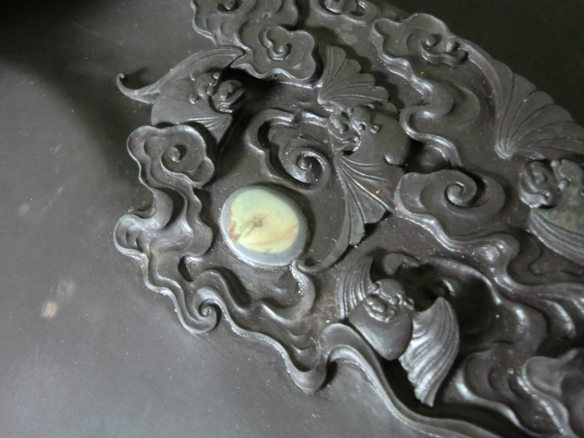 中国端渓麻子坑天然硯】石眼 翡翠斑 彫刻 硯本体約24cm×21cm×4cm 中国
