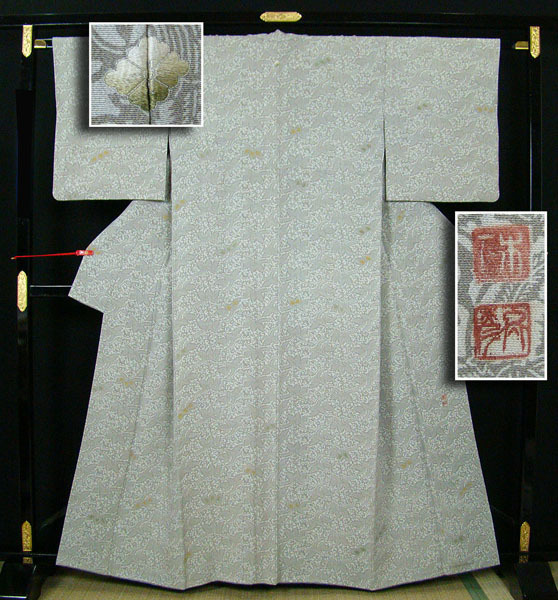 美品】 小紋 桐花 蔦文様 染色家落款入り 花菱縫い紋入り 正絹 9734