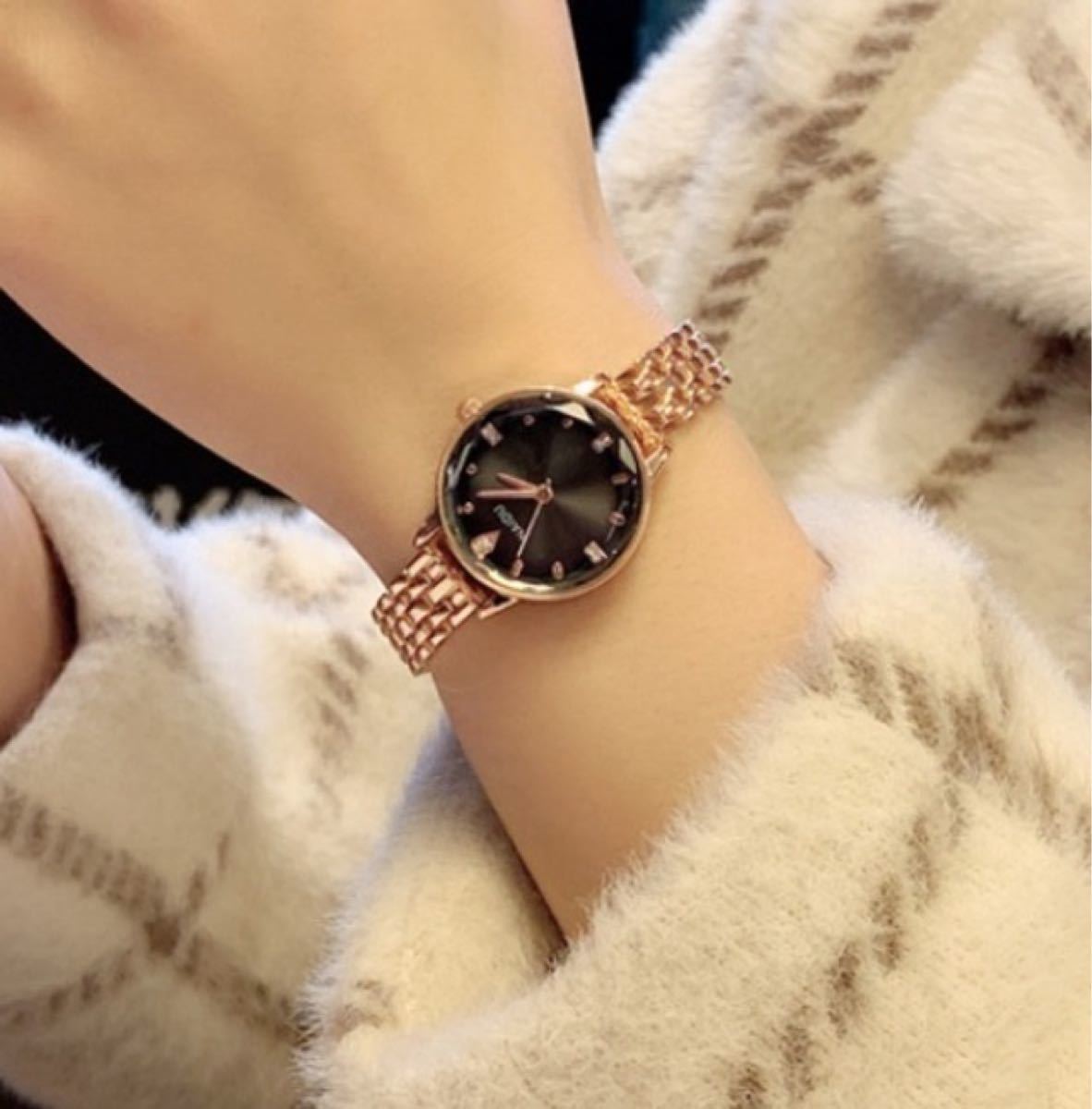 流行 黒 レディース腕時計 花デザイン ブラック 数量限定 韓国