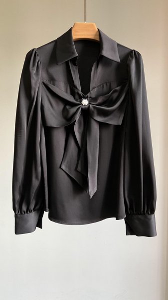 カタログギフトも！ 新品品質可愛いレディース100％アセテートシャツ長袖トップス黒XL XLサイズ以上