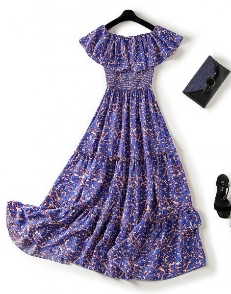 超人気新品 新品上品可愛いレディースフラワーワンピースロング丈ドレス紫M Mサイズ