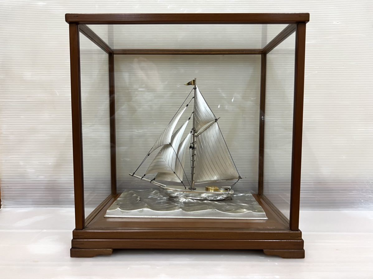 銀製 ヨット 約100g STERLING SILVER シルバー 刻印 置物 ガラスケース付 飾物 銀製品