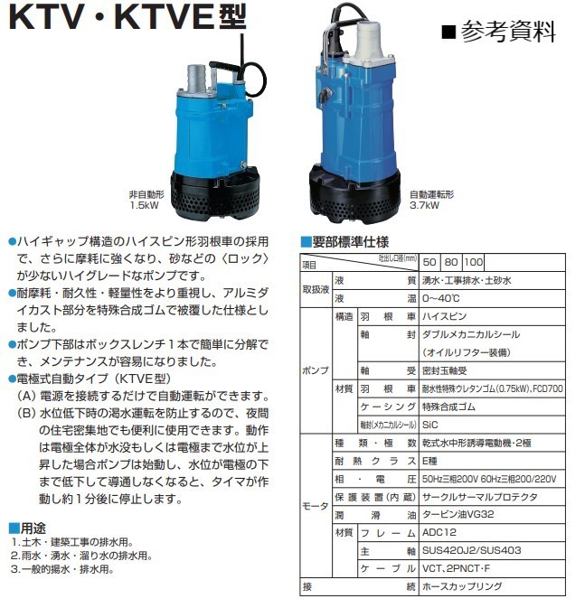 水中ポンプ ツルミポンプ KTV2.75 非自動型 200V 一般工事排水用_画像3