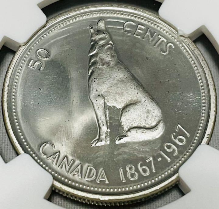 カナダ 1967 ヤングエリザベス＆ウルフ プルーフ銀貨 50セント NGC 