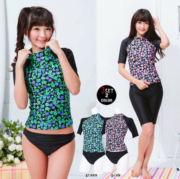  super-discount sale popular lovely stylish fitness swimsuit swim wear wear separate flower floral print 3 point set yoga swim pool green S