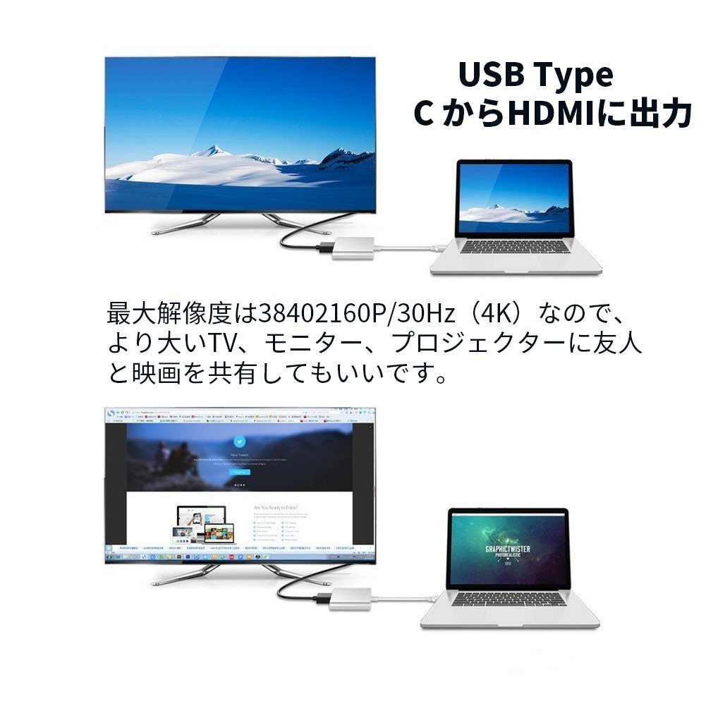 USB Type c HDMI 3in1 Type-Cアダプター usb タイプc ４K 解像度 usb-c hdmi type c ハブ 変換アダプター type-c 変換 USB 充電 パソコン