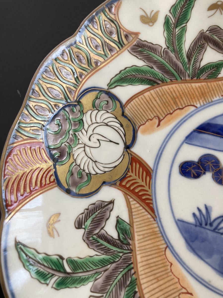 古伊万里 染錦 輪花皿 5客セット 八寸皿 染付色絵皿 色絵金彩 明治