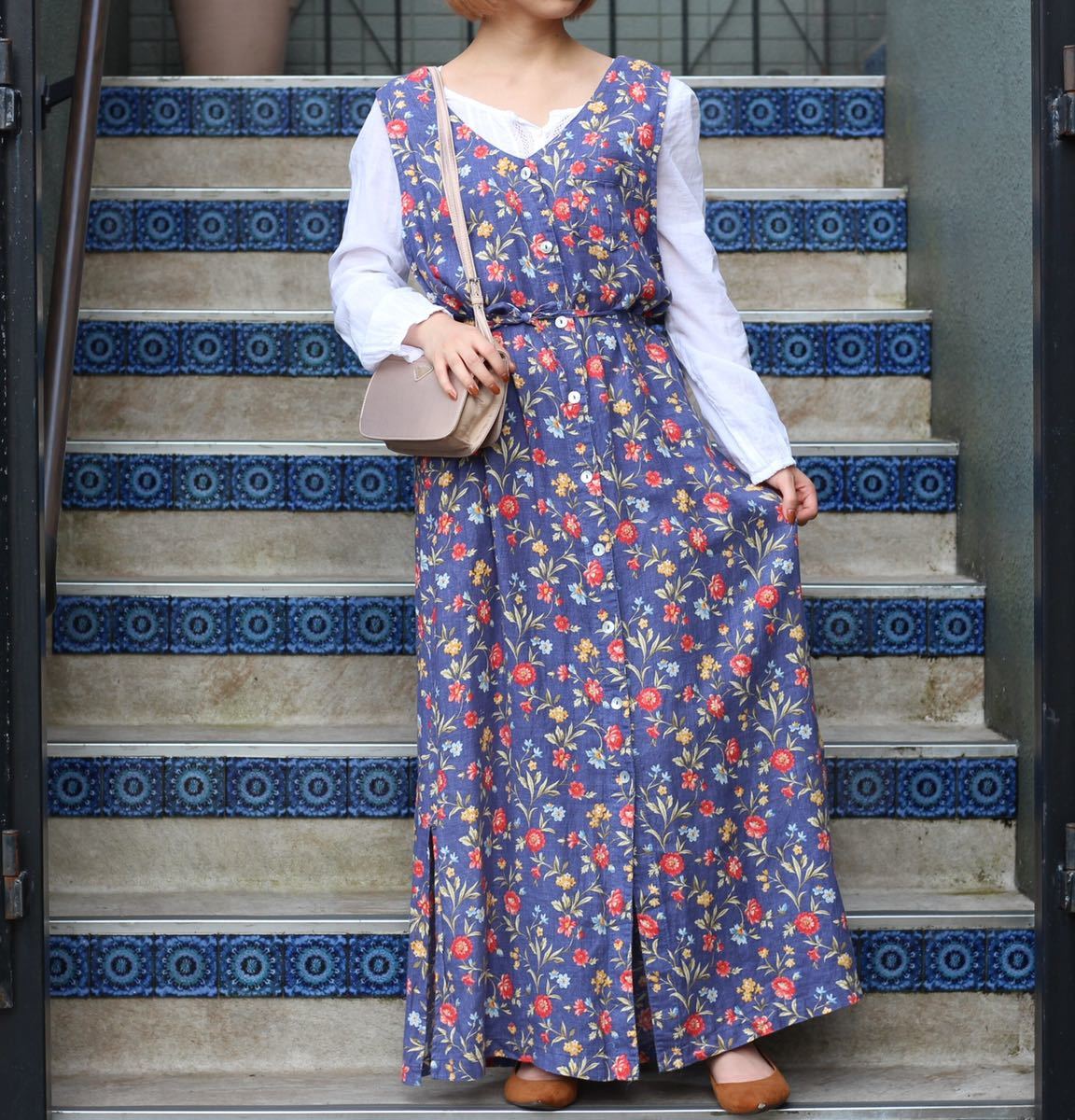 USA VINTAGE FLOWER PATTERNED LINEN NO SLEEVE ONE PIECE/アメリカ古着花柄リネンノースリーブワンピース