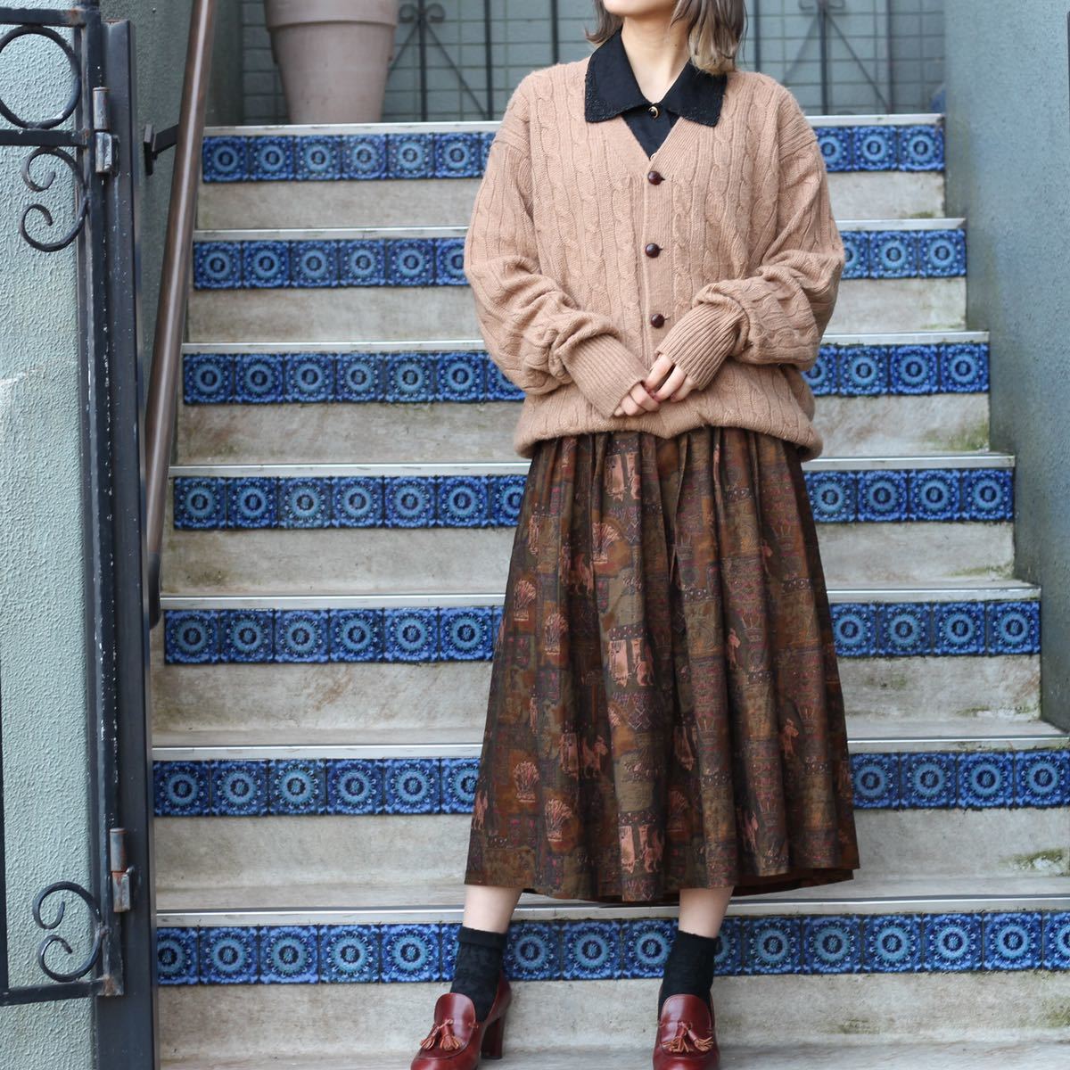 USA VINTAGE PATTERNED ALL OVER WOOL FLARE SKIRT/アメリカ古着総柄