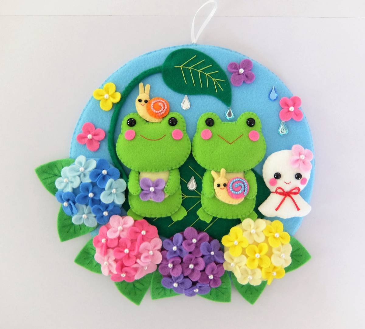ハンドメイド☆フェルト☆リース☆梅雨☆紫陽花☆カエル ハンドメイド☆フェルト☆リース☆梅雨☆紫陽花☆カエル