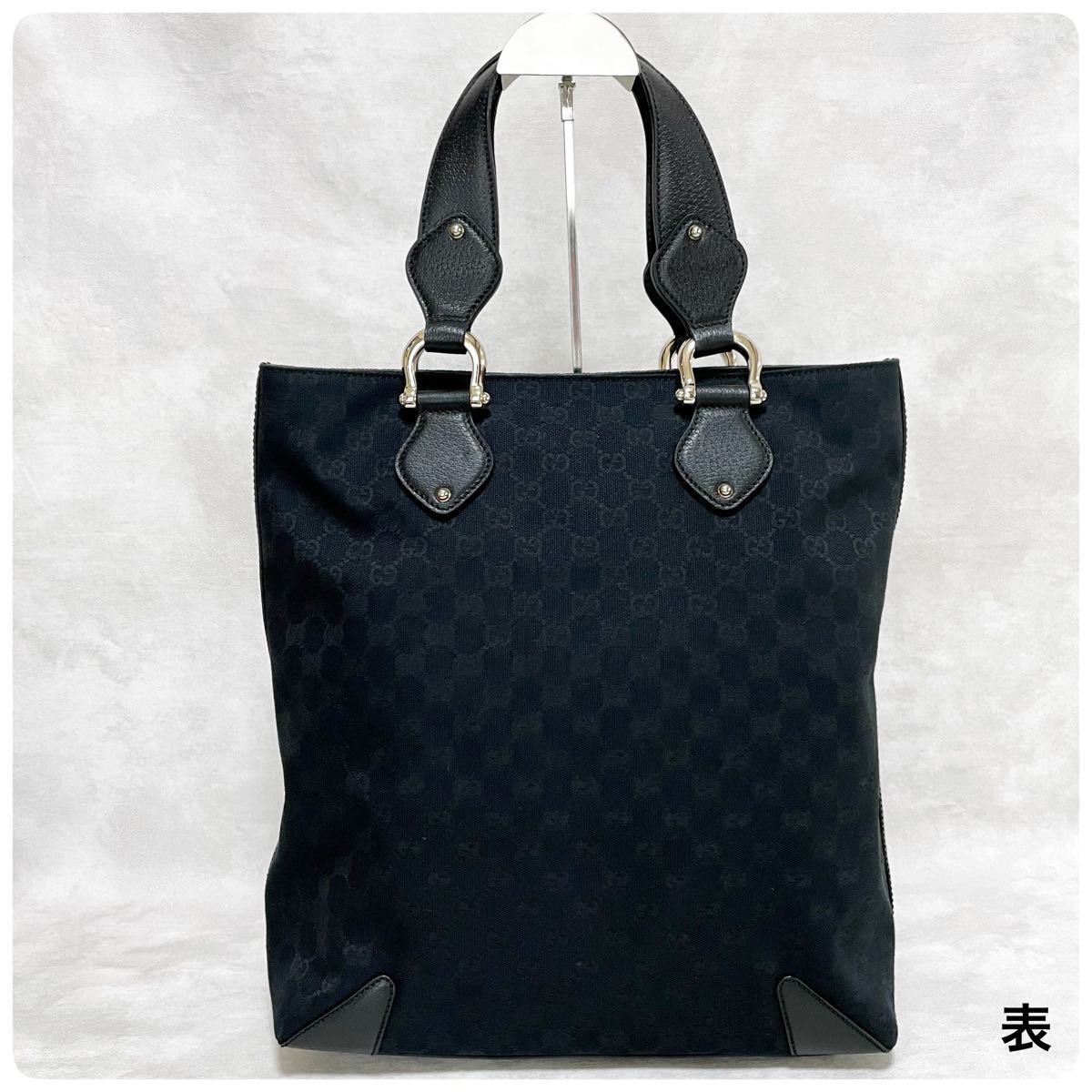 GUCCI グッチ GGキャンバス レザーハンドル トートバッグ 黒 ブラック