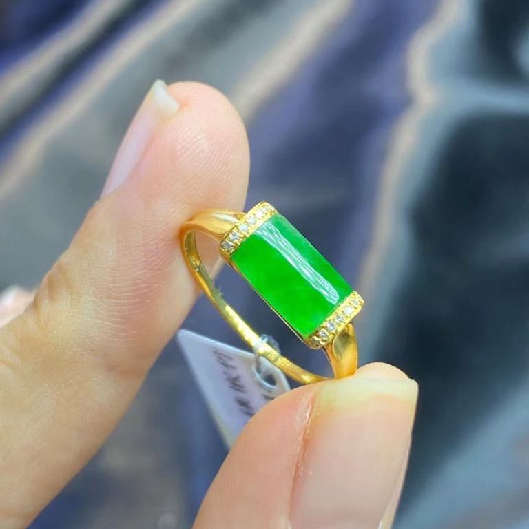 開店記念セール 本翡翠指輪 リング 超高級 陽緑 k18ダイヤ 18金 