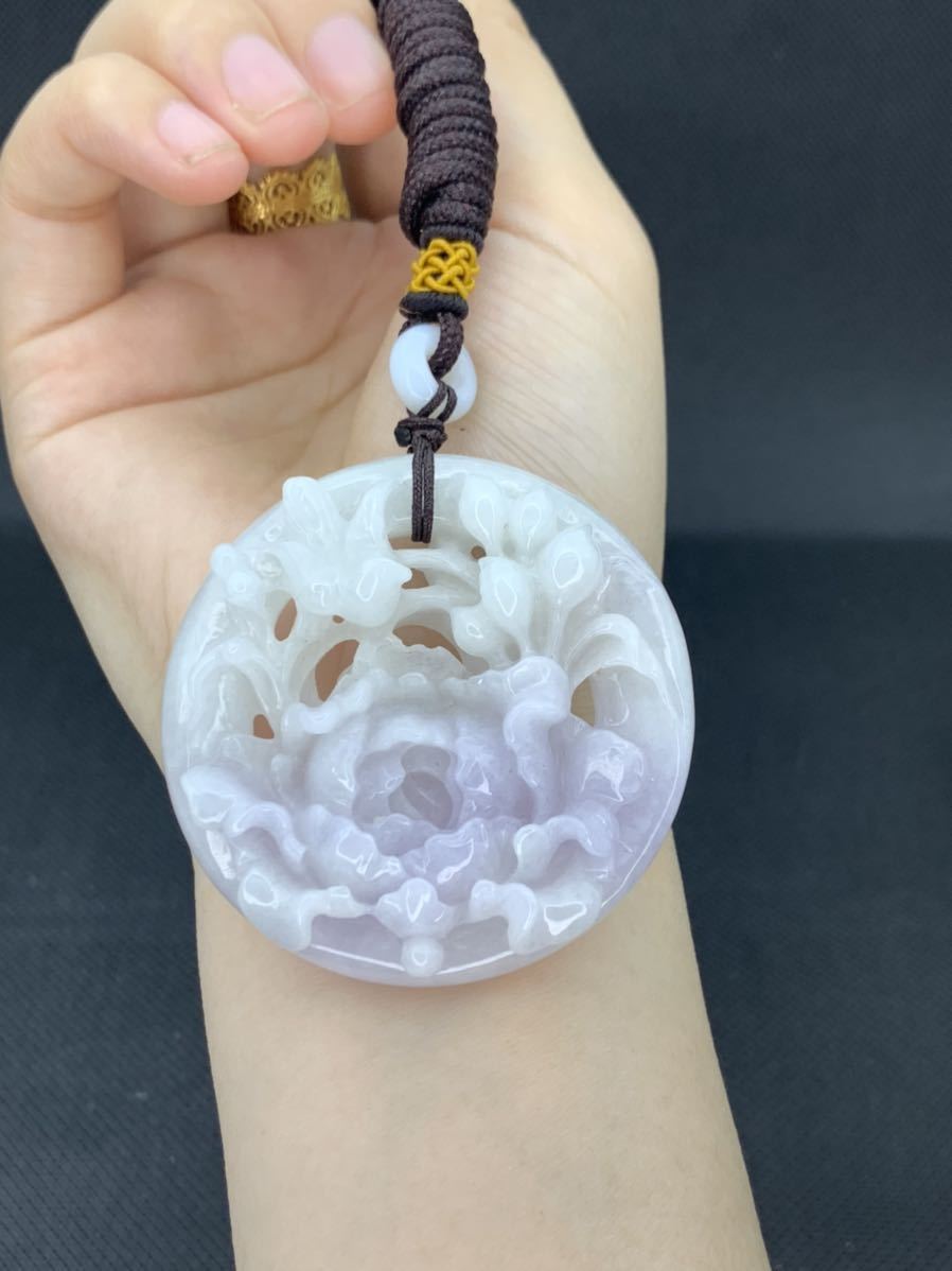 本翡翠ネックレス 牡丹 完美品 ラベンダー 根付 国石 5月誕生石