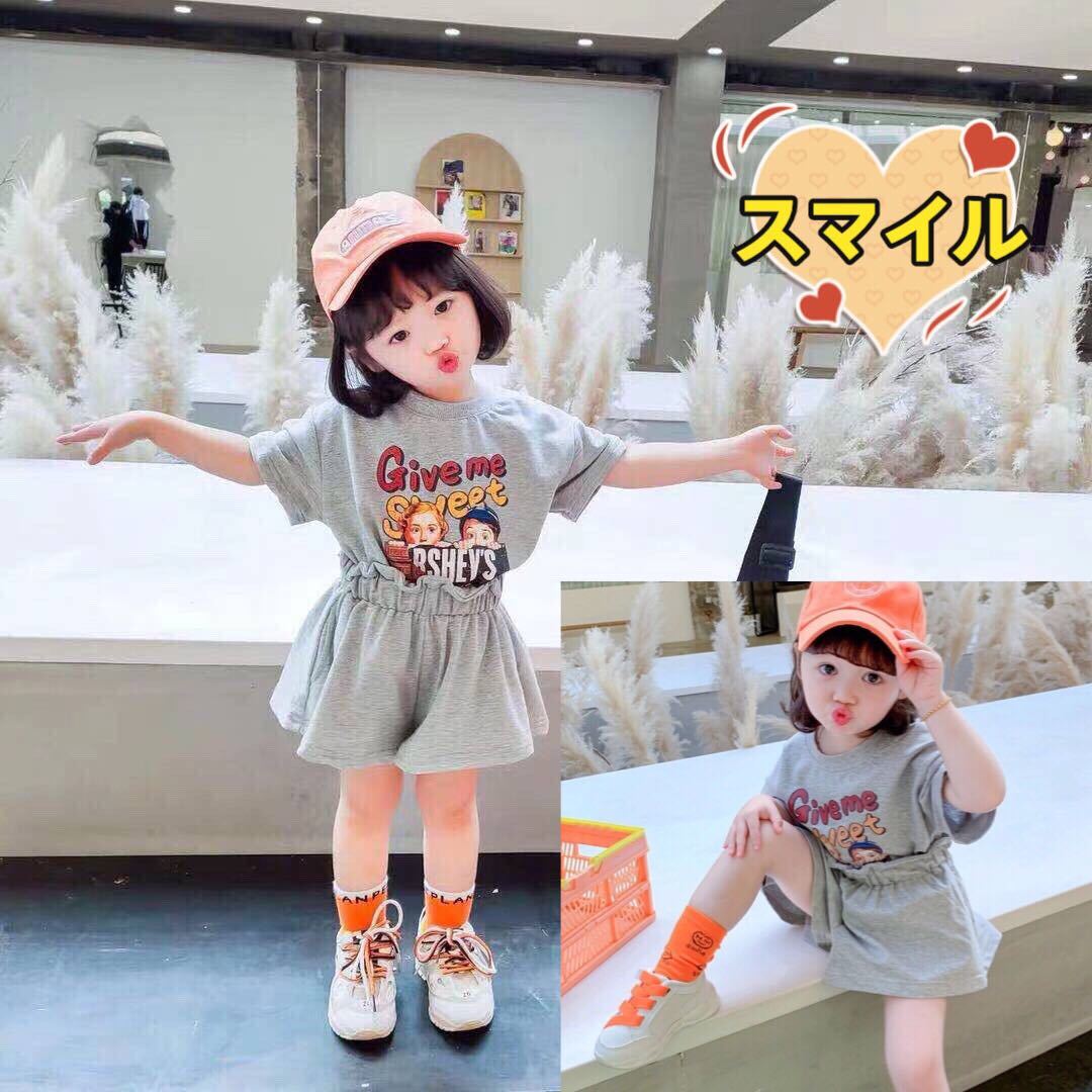 キッズセットアップ　ゆったりＴシャツ　ショートパンツ　女の子夏服グレー90_画像2