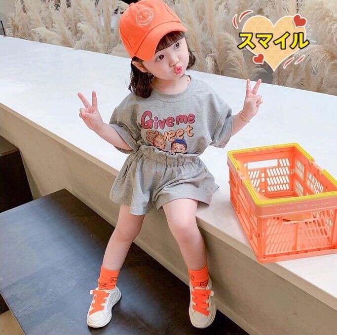キッズセットアップ　ゆったりＴシャツ　ショートパンツ　女の子夏服グレー90_画像3