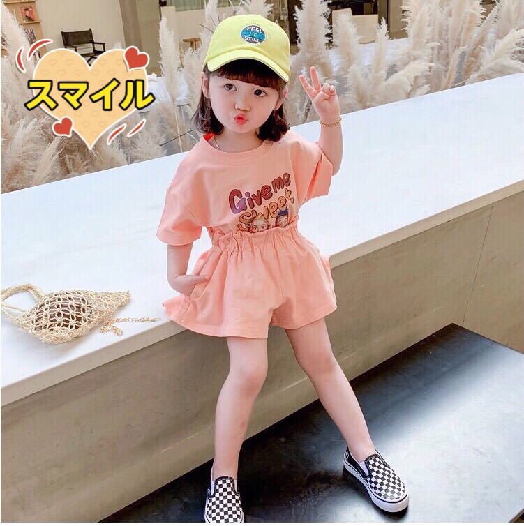 キッズセットアップ　ゆったりＴシャツ　ショートパンツ　女の子夏服ピンク80