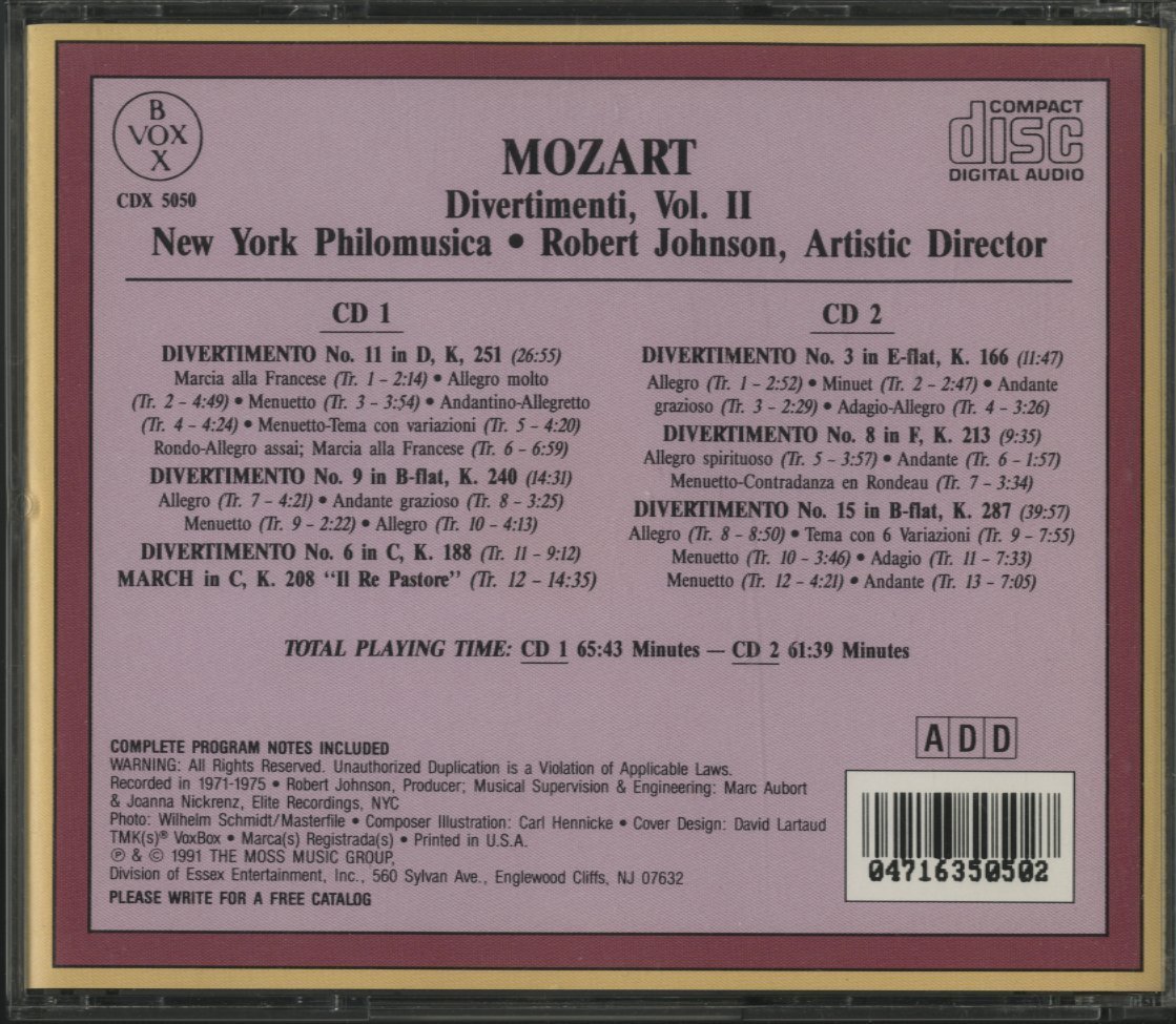 CD/2CD/ ロバート・ジョンソン、ニューヨーク・フィロムジカ / モーツァルト：ディヴェルティメント 第2集/ 輸入盤 ブックレット CDX 5050_画像2