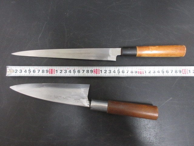 S373■堺一文字光秀など / 刺身包丁 刃渡り 240mm / 出刃型包丁 刃渡り180mm // 計2点 // 和包丁 打刃物 /_画像10