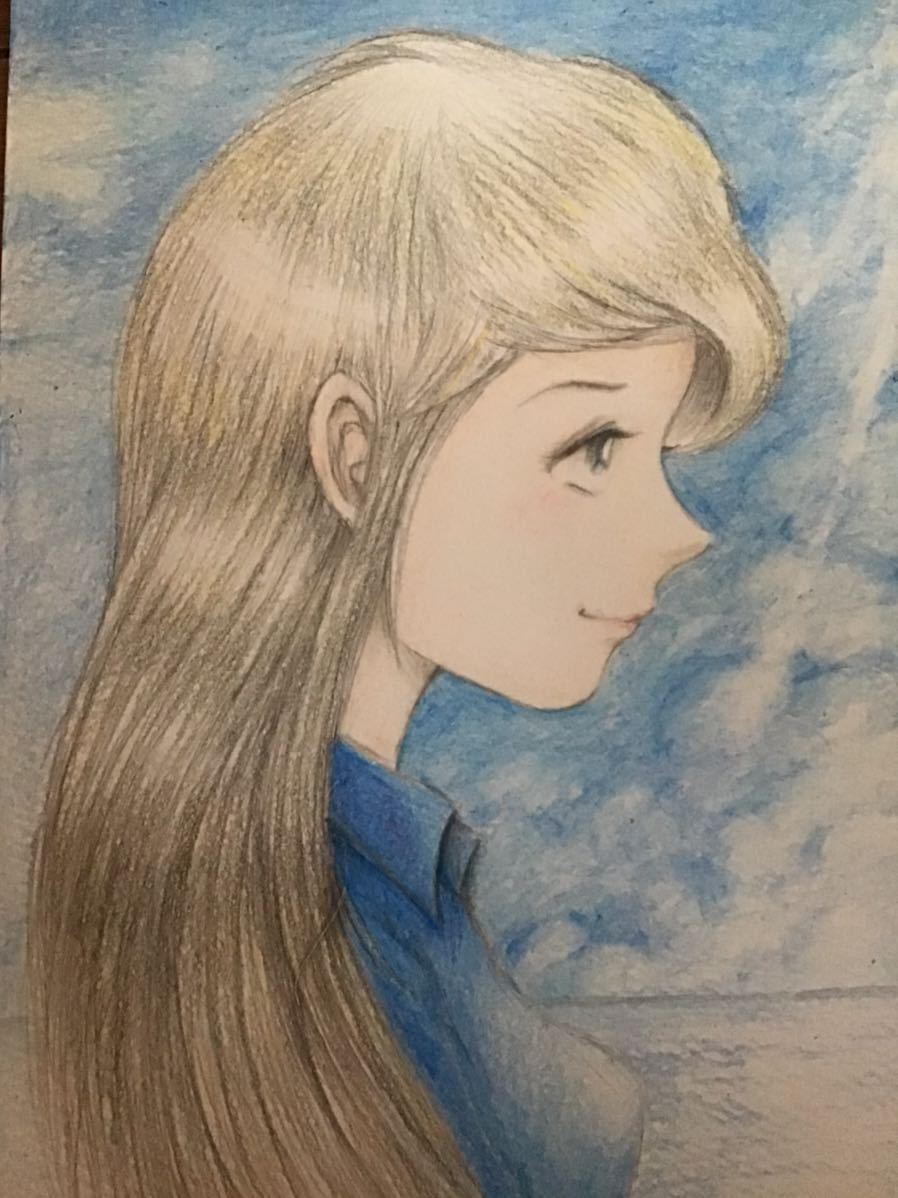  handwriting . illustration girl . sea * pencil color pencil * drawing paper * size 16.5×11.5.* new goods 