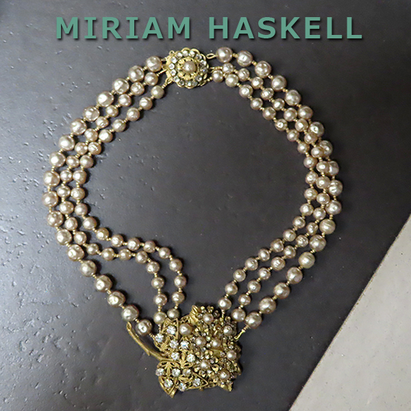 ◆ミリアムハスケル：花ブーケ付３連パールネックレス：ヴィンテージコスチュームジュエリー：Miriam Haskell_画像2