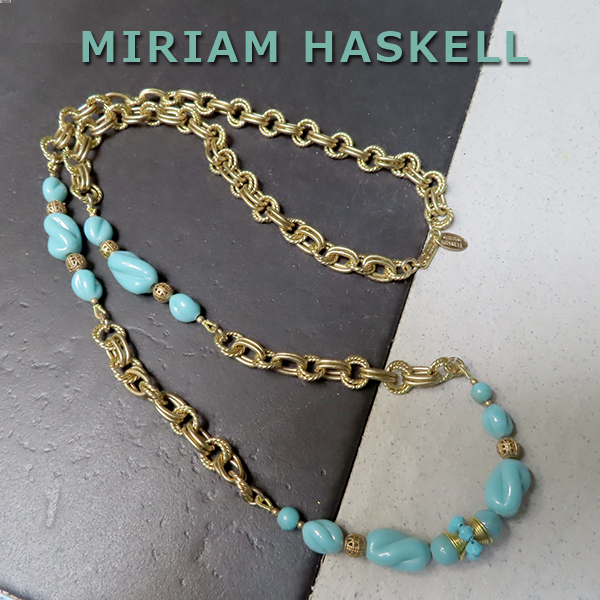 ◇ミリアムハスケル：長いチェーンと青緑グラスビーズのネックレス：ヴィンテージコスチュームジュエリー：Miriam Haskell 