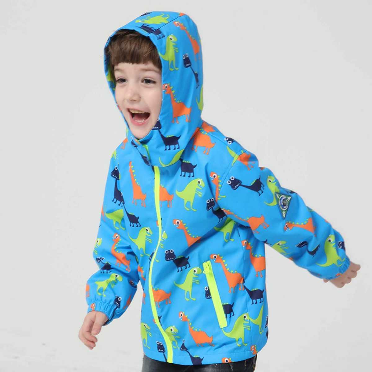 新品未使用 100cm 恐竜柄 キッズ用レインコート レインウェア 男の子 反射テープ 子供用 防水 対応 通学 遠足 雨具 水色 ブルー 青