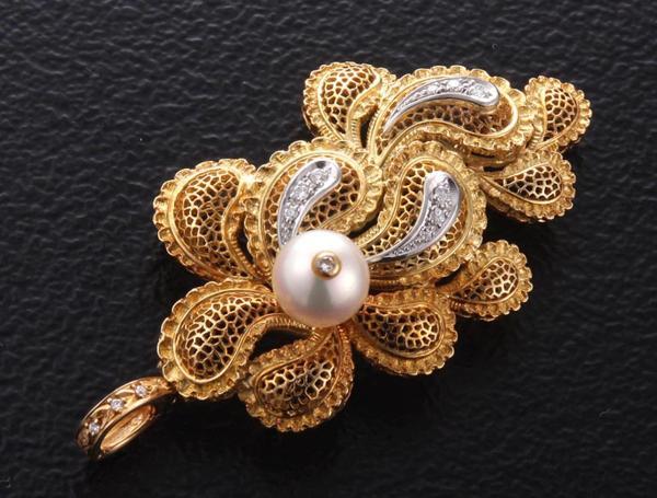 ** pearl + dia *k18+Pt900 made. large brooch *21.1g/IP-3941