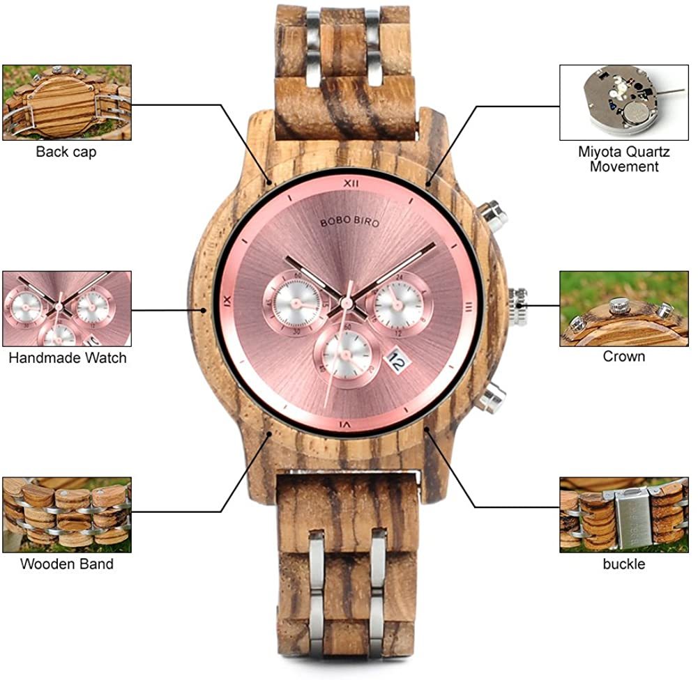 高品質な 木製腕時計 ピンク 日本製 クオーツ 日付表示 アナログ レディース 軽量 ビジネス オシャレ 木製 ウォッチ カジュアル 腕時計_画像5