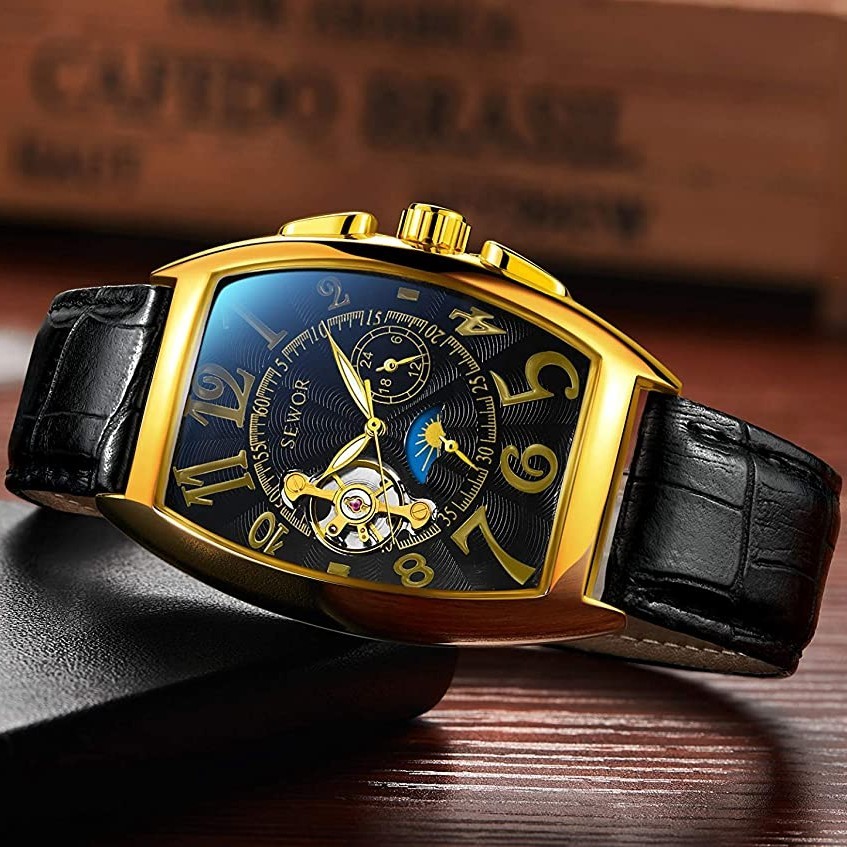 高品質な 腕時計 ブラックゴールド 自動巻き メンズ 革 ウォッチ カジュアル ビジネス 自動 オシャレ モダン 男性 腕時計 プレゼント