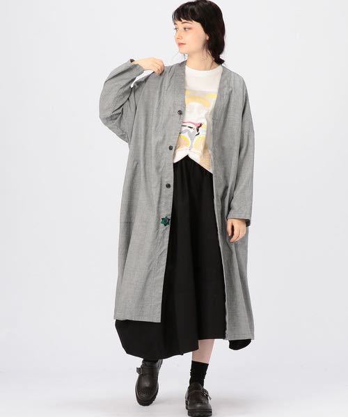 1回着美品◆フラボア FRAOBOIS プットコート◆スプリングコート 春夏アウター 薄手コート◆千鳥格子 チェック◆綿麻ノーカラーコート