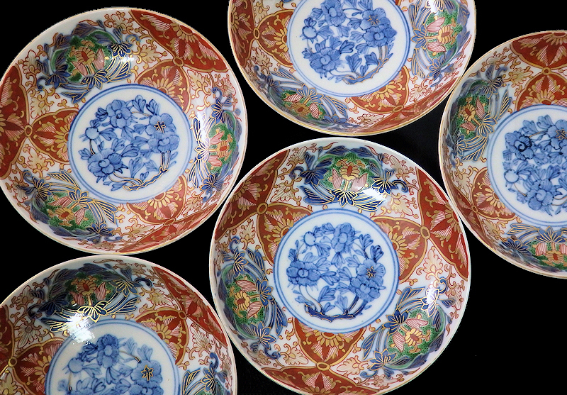 ☆華心☆ AWs-D107S 大聖寺伊万里 金襴手 金唐草に花の図 4寸皿 5枚