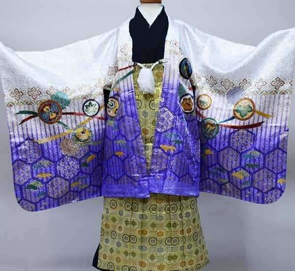 七五三 五歳 男児 着物 羽織袴フルセット 紋袴 金刺繍 白×紫 龍 兜 袴